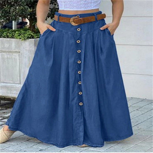 New Autumn Women's Long Skirt Button High Waist Solid Color Pocket Cas