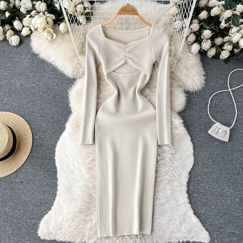 Sexy Cut Out Front Knitted Bodycon Dress Women Fashion Solid Full Slee