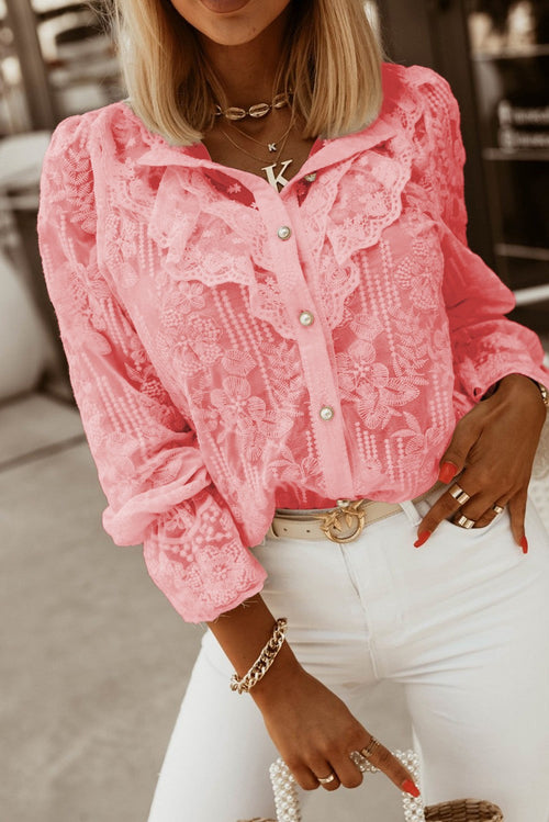 Elegant shirt with embroidery and frills Laroya, pink