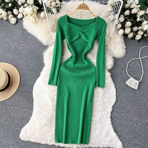 Sexy Cut Out Front Knitted Bodycon Dress Women Fashion Solid Full Slee