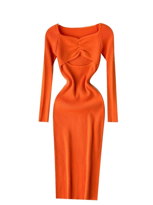 Sexy Cut Out Front Knitted Bodycon Dress Women Fashion Solid Full Slee