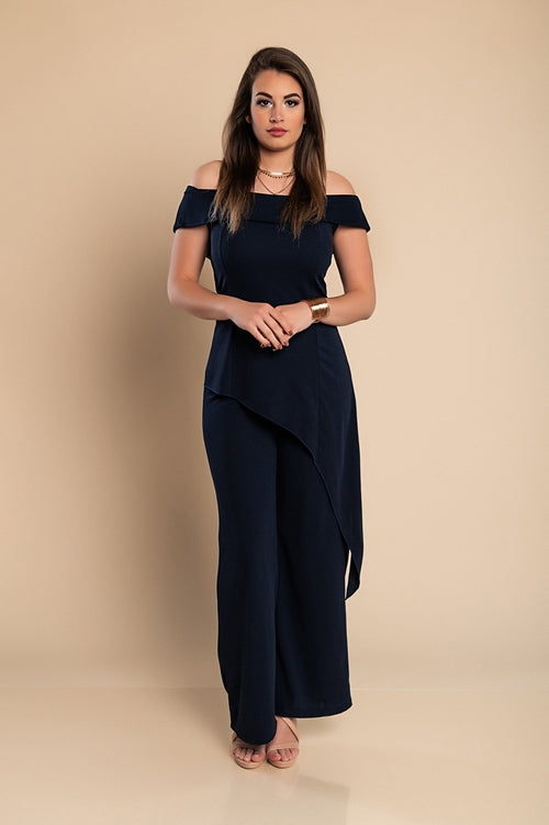 Elegant set of asymmetrical top and pants, dark blue