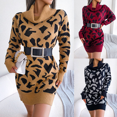 Autumn And Winter Street Style High Collar Leopard Print Long Sleeve B