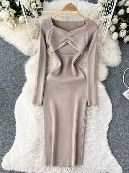 Sexy Cut Out Front Knitted Bodycon Dress Women Fashion Solid Full Slee