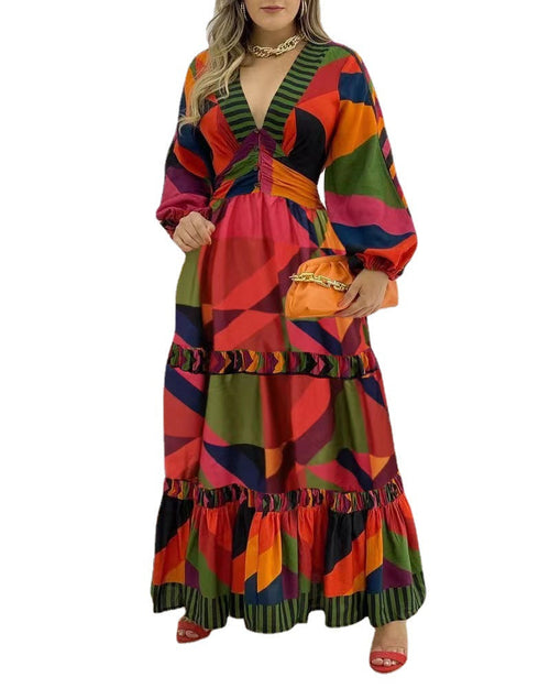 New Long Sleeve Deep V Colorful Print Dress