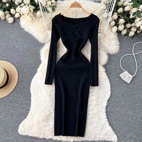 Sexy Cut Out Front Knitted Bodycon Dress Women Fashion Solid Full Slee