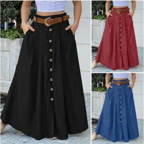 New Autumn Women's Long Skirt Button High Waist Solid Color Pocket Cas