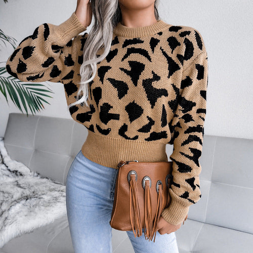 Actual Picture Autumn And Winter Casual Leopard Print Waist Knit Open