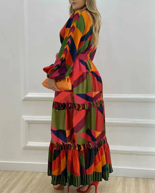 New Long Sleeve Deep V Colorful Print Dress