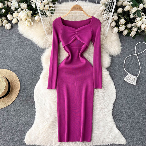 Sexy Cut Out Front Knitted Bodycon Dress Women Fashion Solid Full Slee