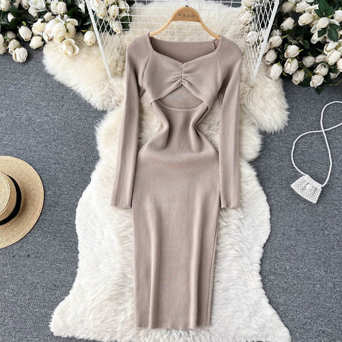 Sexy Cut Out Front Knitted Bodycon Dress Women Fashion Solid Full Slee