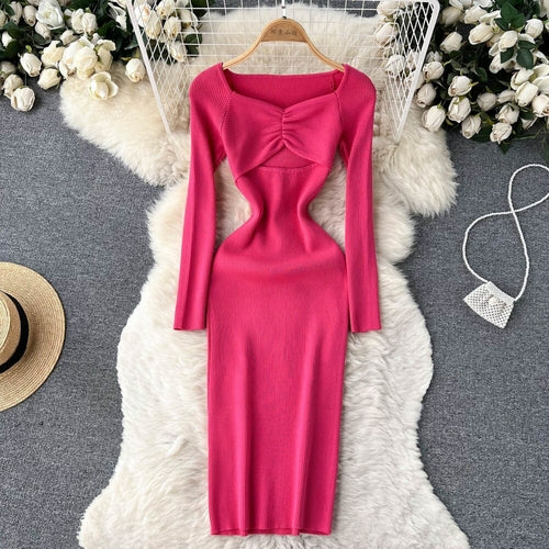 Sexy Cut Out Front Knitted Bodycon Dress Women Fashion Solid Full Slee