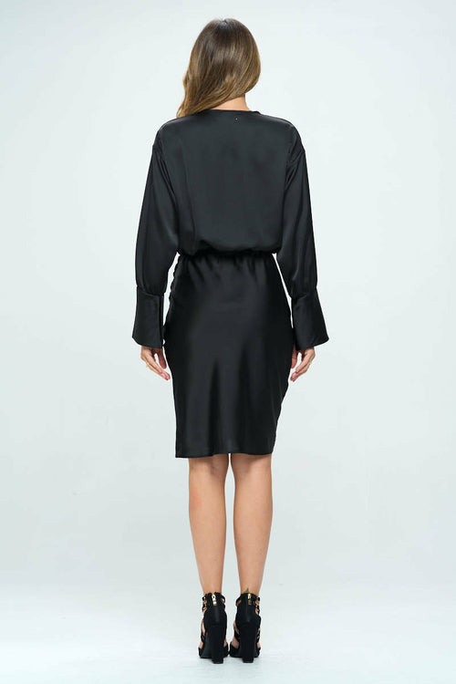 Stretch Satin Cowlneck Dress w/ Asymmetrical Hem