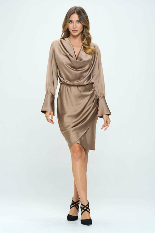 Stretch Satin Cowlneck Dress w/ Asymmetrical Hem