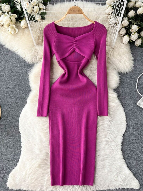 Sexy Cut Out Front Knitted Bodycon Dress Women Fashion Solid Full Slee