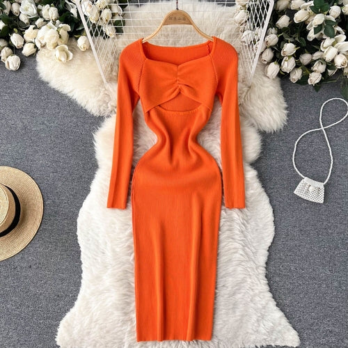 Sexy Cut Out Front Knitted Bodycon Dress Women Fashion Solid Full Slee