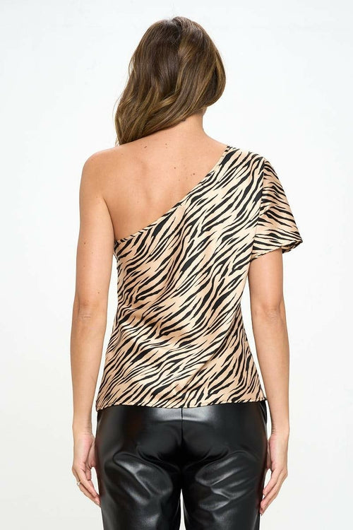 Satin Zebra Print One Shoulder Top