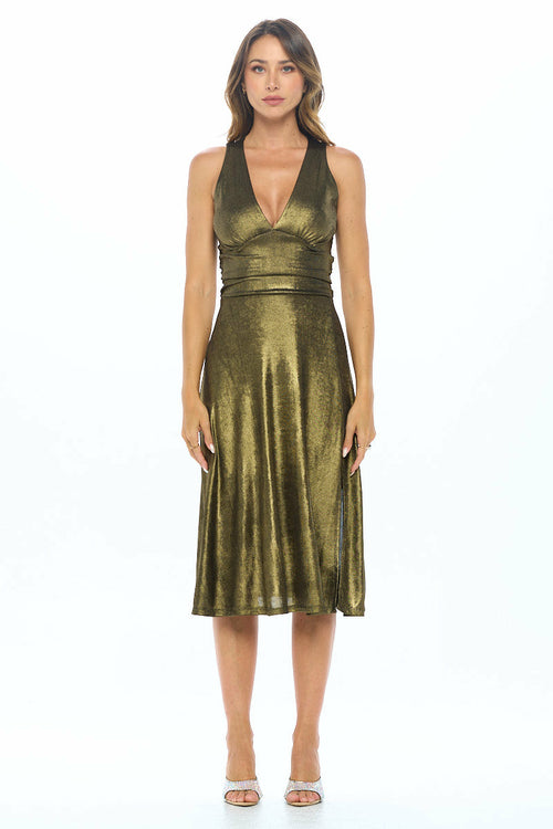 Metallic Solid Deep V Neck Lined Dress with Slit