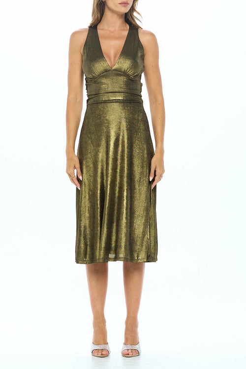 Metallic Solid Deep V Neck Lined Dress with Slit