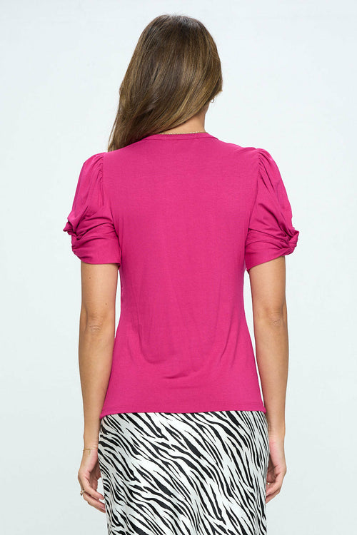 Solid Short Sleeve Top with Scrunched Sleeves