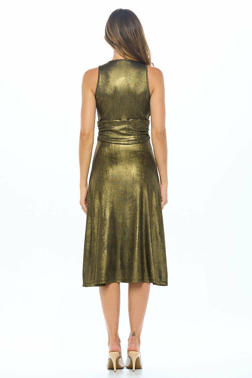 Metallic Solid Deep V Neck Lined Dress with Slit