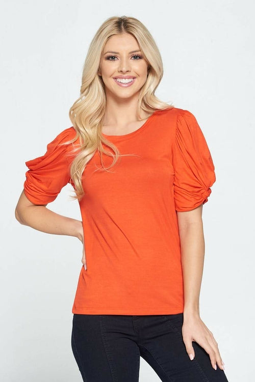 Solid Short Sleeve Top with Scrunched Sleeves