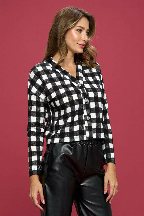 Checkered Knit Flowy Top with Buttons