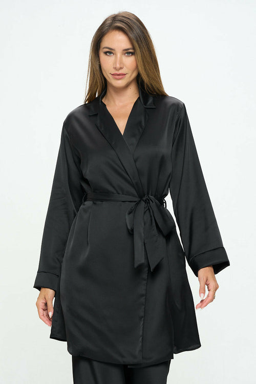 Stretch Satin Open Front Trench Coat with Tie