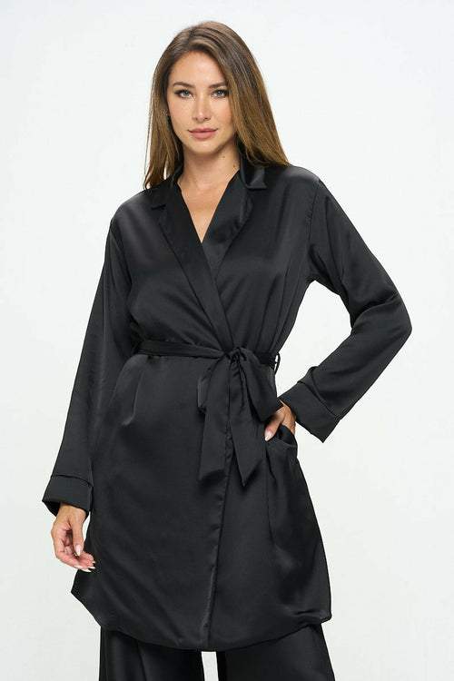 Stretch Satin Open Front Trench Coat with Tie