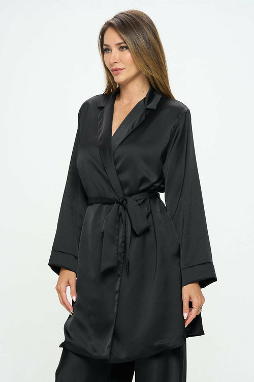 Stretch Satin Open Front Trench Coat with Tie