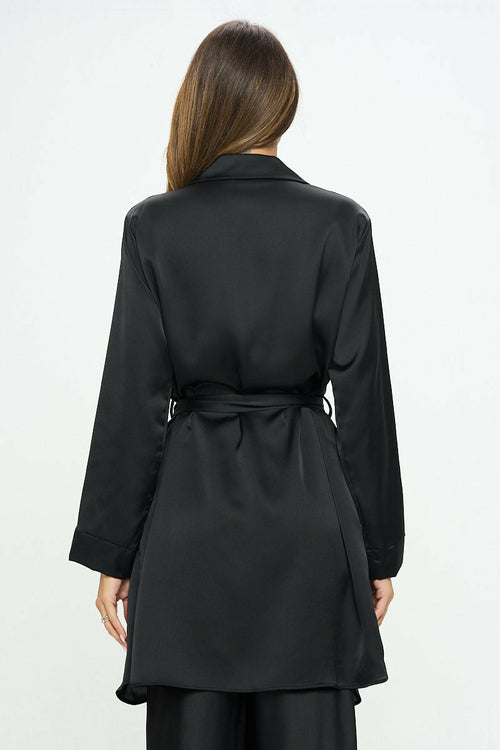 Stretch Satin Open Front Trench Coat with Tie