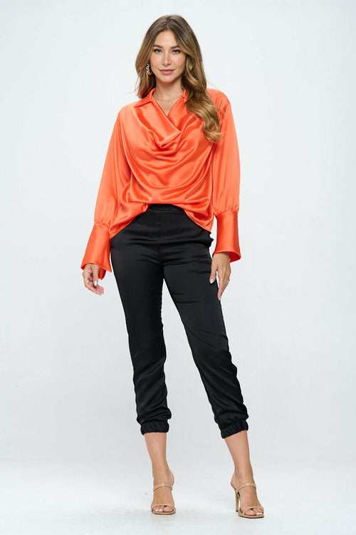 Satin Collared Cowl neck Top with Split Cuff