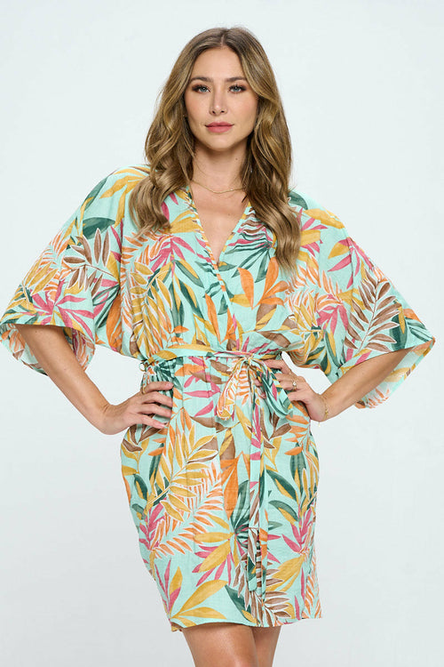 Tropical Print Kimono Style Dress with Tie