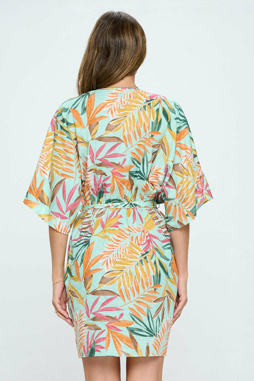 Tropical Print Kimono Style Dress with Tie