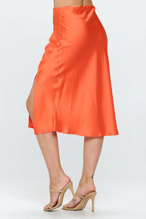 Solid Satin Midi Skirt with Slit