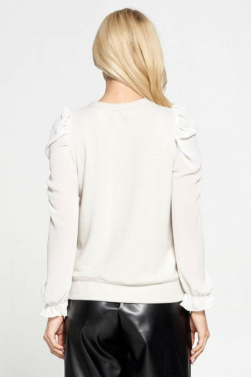 Solid Sheer Puff Sleeve Top with Ruffle Cuff