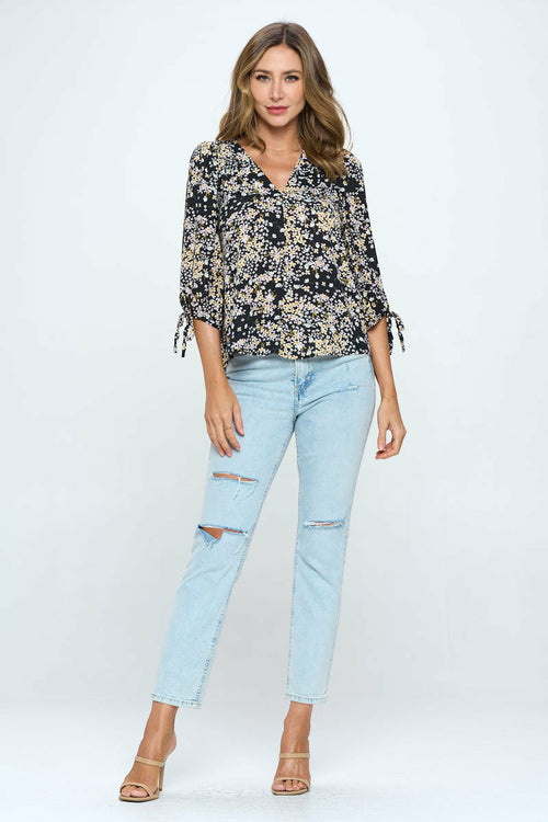 Floral Print Top with Self Tie Sleeves