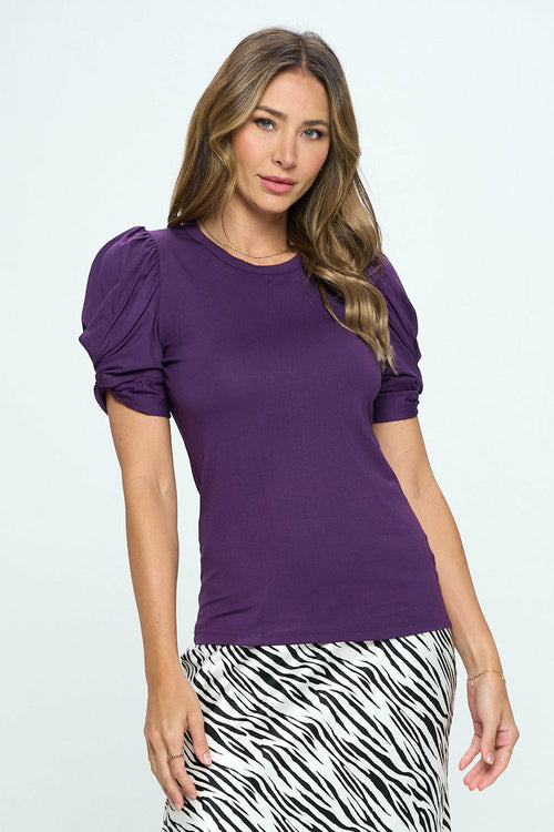 Solid Short Sleeve Top with Scrunched Sleeves