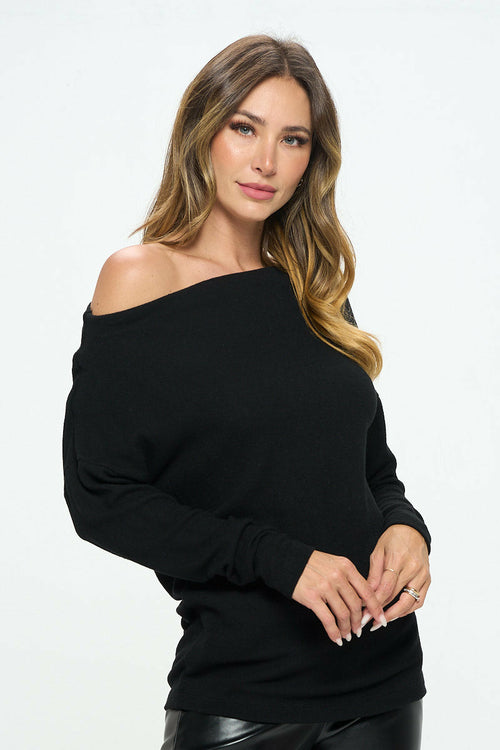 Black Brushed Knit Off the Shoulder Top