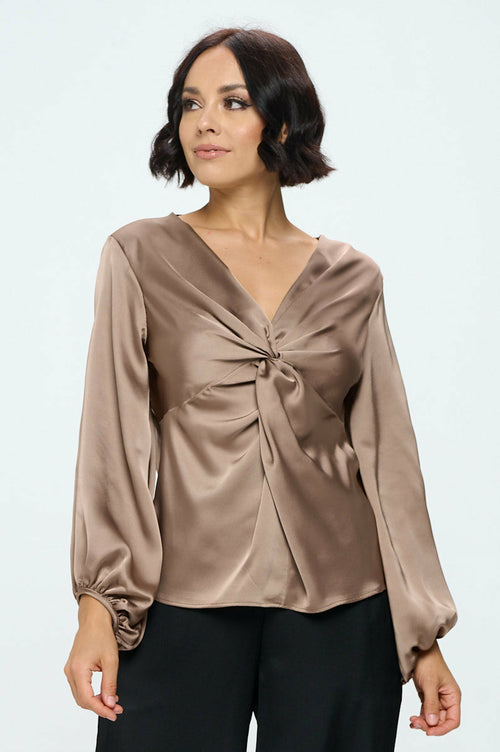 Stretch Satin V neck Top with Front Twist