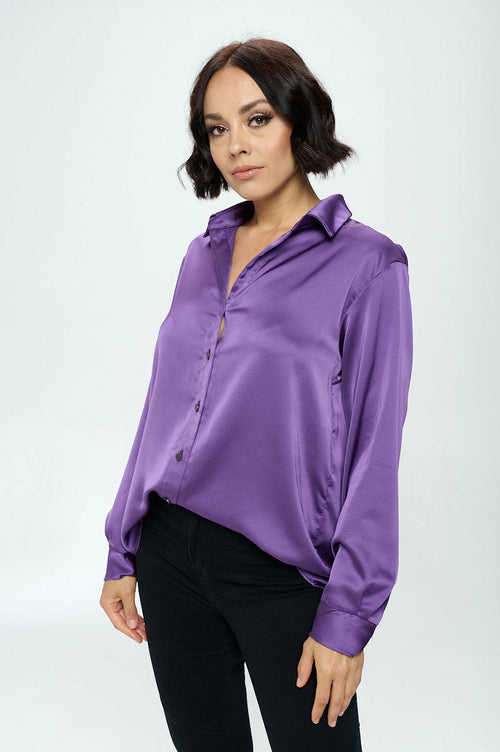 Stretch Satin V neck Blouse with Collar