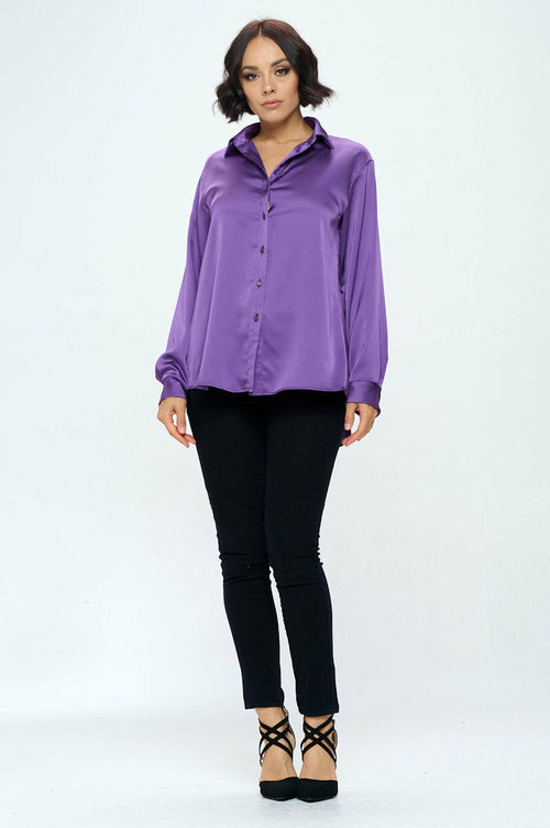 Stretch Satin V neck Blouse with Collar