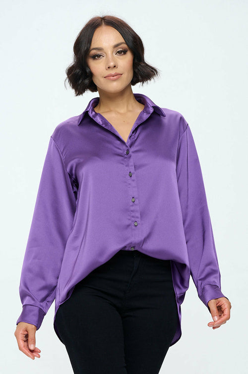 Stretch Satin V neck Blouse with Collar