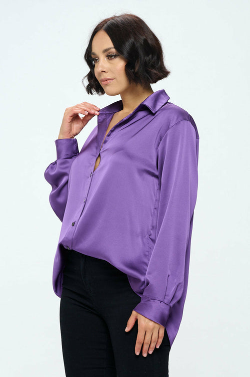 Stretch Satin V neck Blouse with Collar