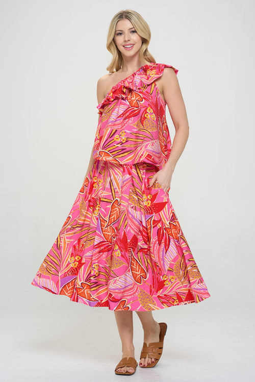 Tropical Leaf Print One Shoulder Top with Ruffle Neckline