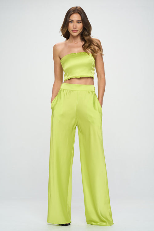 Stretch Satin Pants with Elastic Waist and Pockets