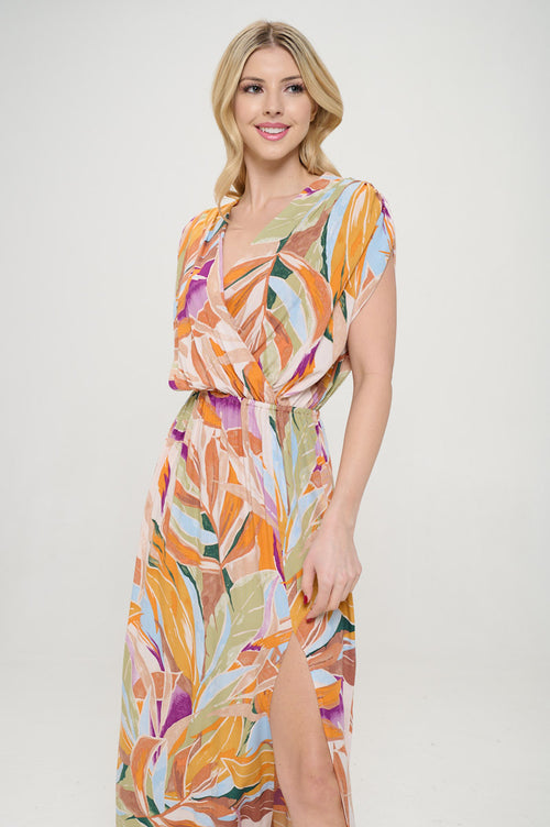 Tropical V neck Sleeveless Maxi Dress with Slit