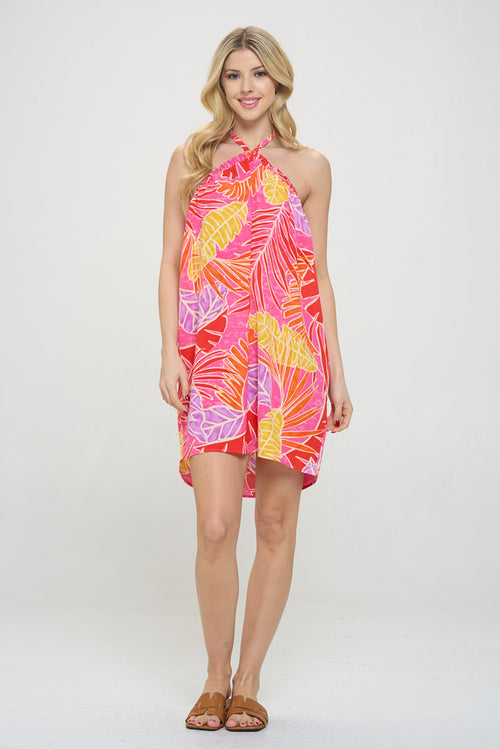 Tropical Leaf Print Halter Neck Backless Dress