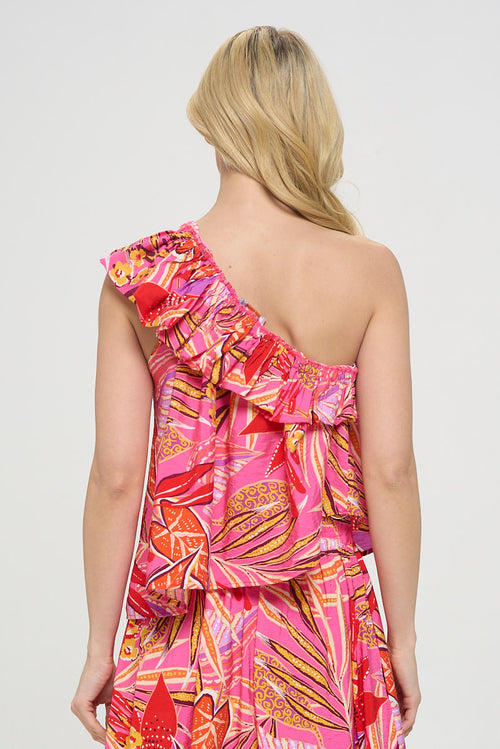 Tropical Leaf Print One Shoulder Top with Ruffle Neckline