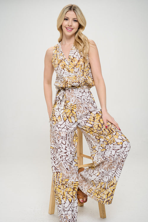 Print V neck Sleeveless Jumpsuit with Tie